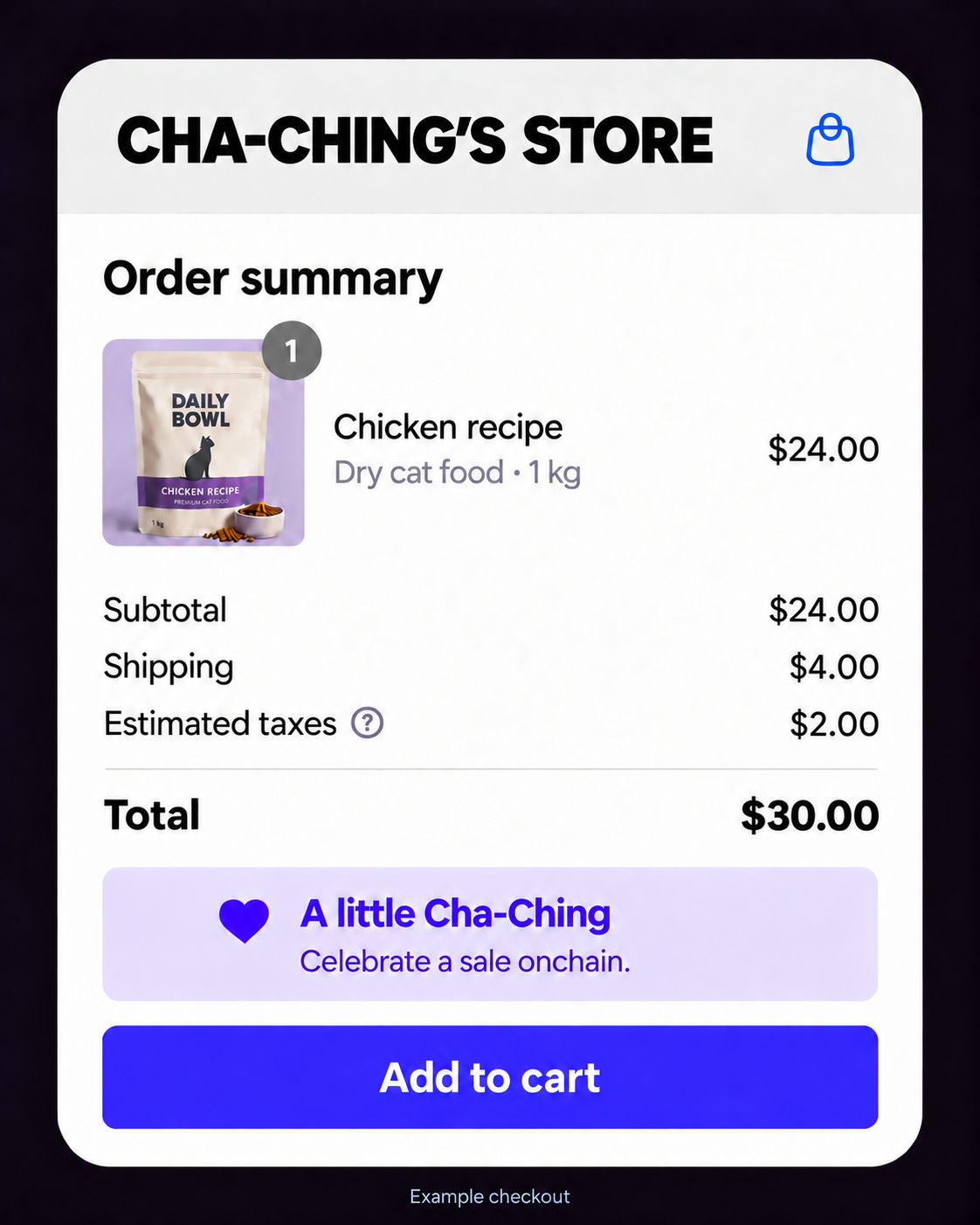 Cat-food checkout concept: an order from Cha-Ching’s Store totals $30, with a Cha-Ching badge celebrating a sale.